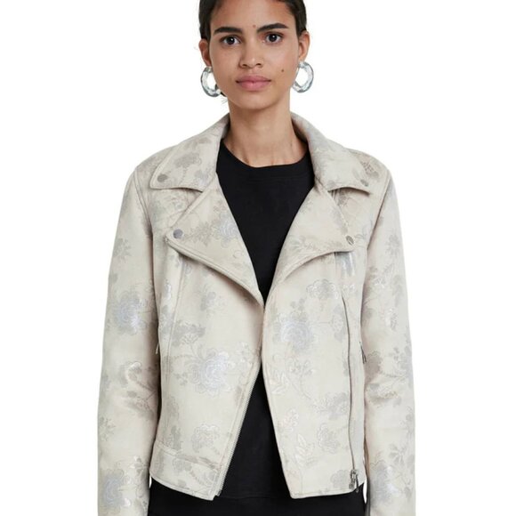 Desigual Astrid Metallic Blush Flower Faux Suede /Leather Biker Jacket - Size XL - Picture 1 of 13